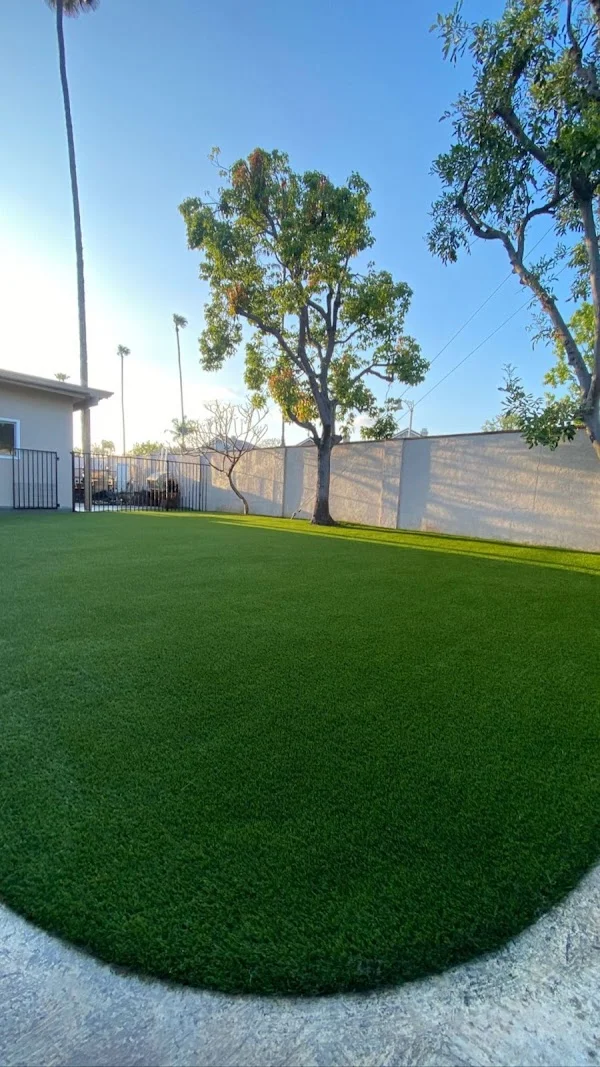 Synthetic turf lawn with mature trees, concrete edging, and modern fencing installation