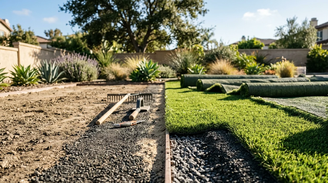 Freshly installed artificial turf covering a residential backyard in Orange County, California, with clean edges, a flat surface, and a consistently green appearance. The yard includes a defined border along a concrete patio edge, showing a complete Williamslandscape installation.