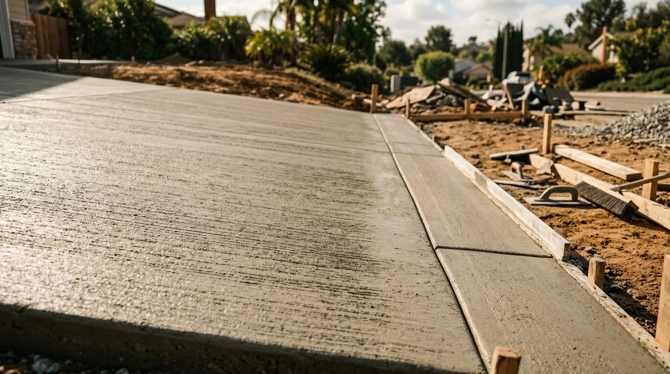 Freshly poured and finished concrete driveway at an Orange County residential property, showing a clean broom-finish surface with crisp edges and proper slope away from the garage. The surrounding landscape reflects a typical Southern California home exterior with dry-climate plantings along the border.