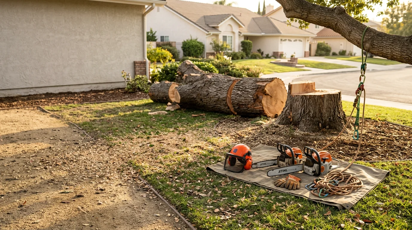 A large storm-damaged tree with a split trunk being removed from a residential yard in Orange County, California. A crew member in safety gear operates rigging equipment near a single-family home with a cleared driveway visible in the background.