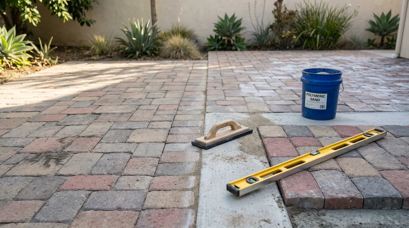 A repaired concrete patio surface at an Orange County residential property, showing smooth, level sections alongside a restored retaining wall with corrected drainage grading.