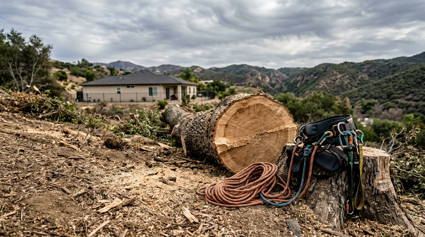 A large dead tree being removed in sections by a crew in an Orange County residential backyard, with rigging lines controlling the descent of cut limbs away from a nearby fence and home.