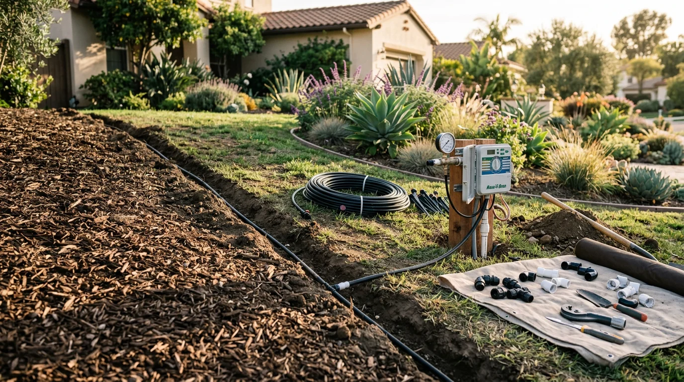 A freshly installed underground irrigation system with pop-up sprinkler heads and drip lines running through a residential yard in Orange County, California. The lawn and garden beds show even coverage with no dry or oversaturated spots.