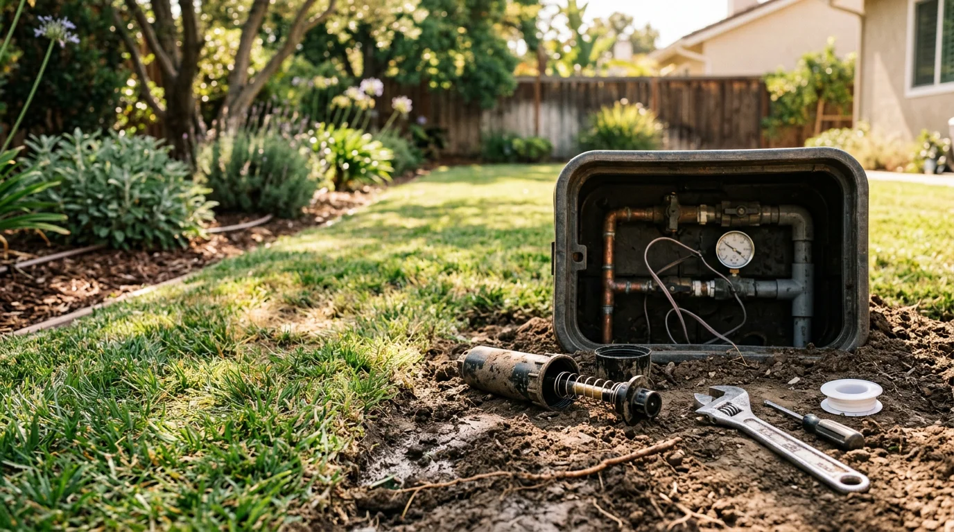 A Williamslandscape technician adjusting a sprinkler head in a residential lawn in Orange County, California. The surrounding turf shows even green coverage with no dry patches or pooling water.