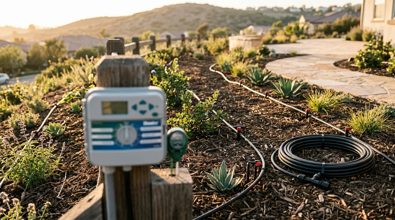 A freshly designed residential irrigation system in Orange County with drip emitters and spray zones laid out across a drought-tolerant front yard. Underground lines connect to a wall-mounted weather-based controller beside a stucco home exterior.