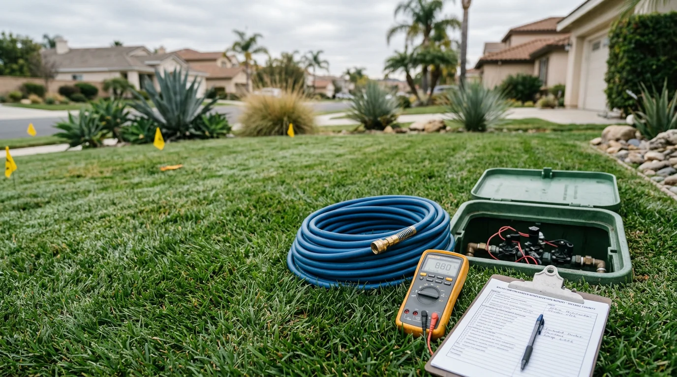 An irrigation contractor using a commercial air compressor to blow out sprinkler zones in a residential yard in Orange County, California. Water mists from a sprinkler head as pressurized air clears the line during a winterization service visit.