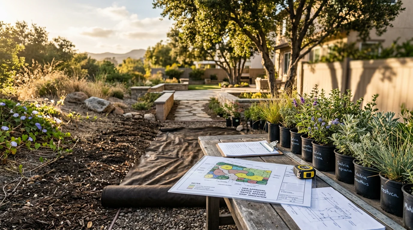 A professionally designed front yard at an Orange County home featuring drought-tolerant plants, structured hardscape borders, and a clean layout suited to the Southern California climate. The design shows defined planting zones with low-water ground cover and native shrubs replacing a traditional lawn.