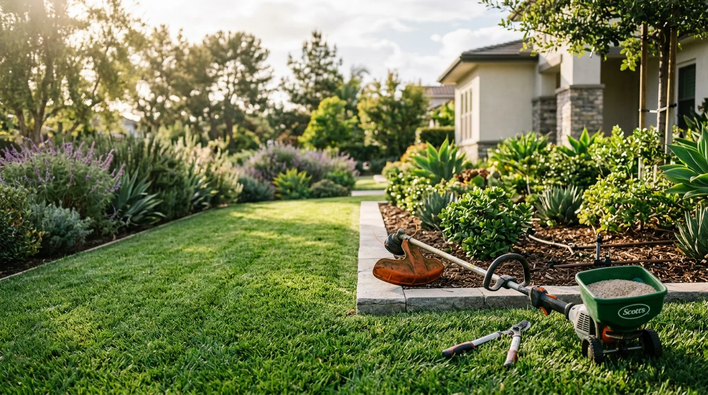 A neatly edged residential lawn with trimmed shrubs and clean planting beds at an Orange County home. A Williamslandscape crew member guides a mower along a straight turf edge on a sunny Southern California afternoon.
