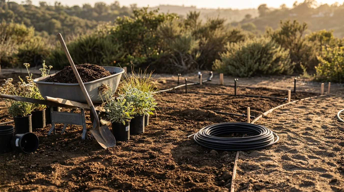 A freshly installed front yard landscape at an Orange County home, showing drought-tolerant plants, clean mulched beds, and a defined pathway leading to the front door. The yard reflects a water-efficient design suited to Southern California's dry climate.