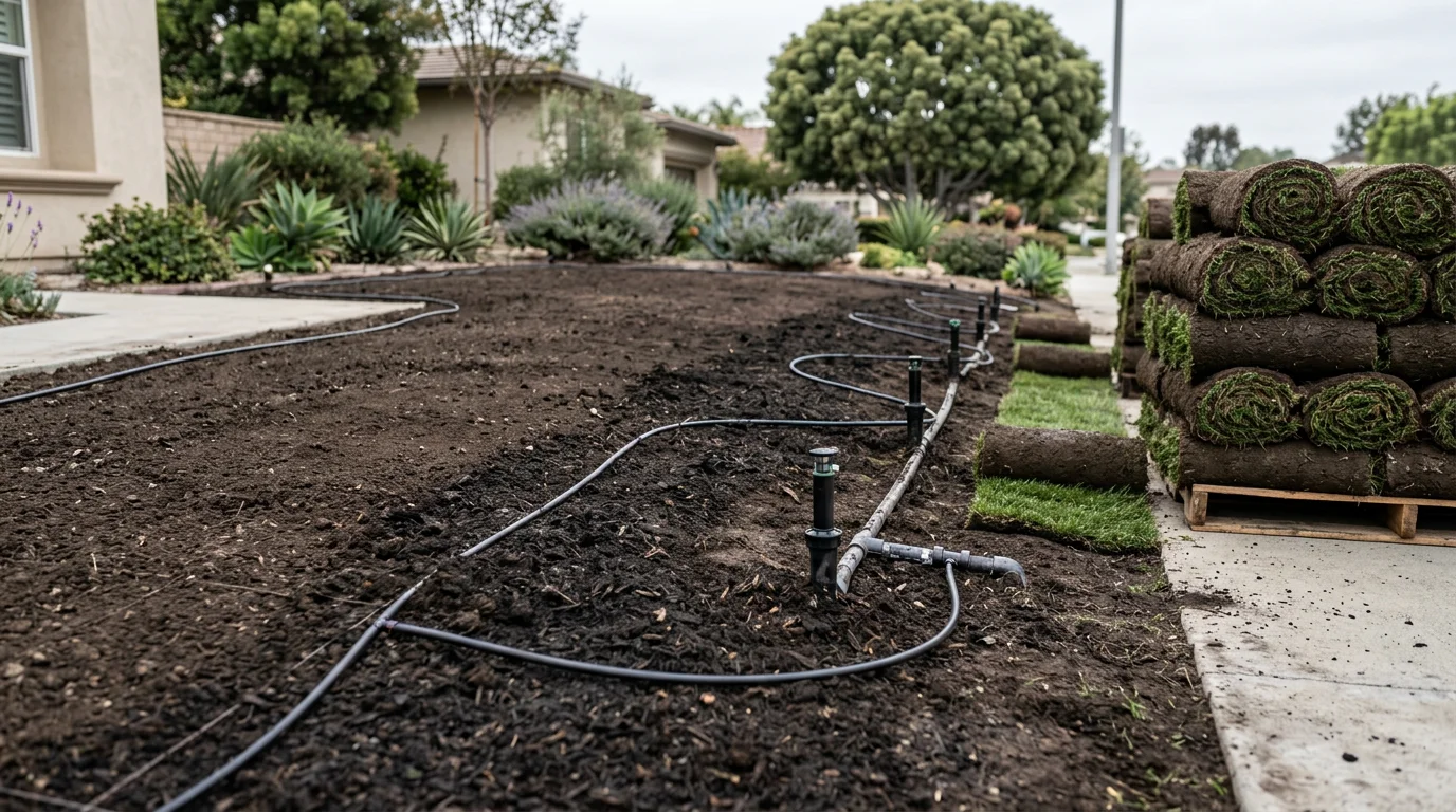 A freshly installed green lawn in an Orange County residential front yard, with clean sod lines and a smooth, evenly graded surface. The surrounding soil is dark and amended, ready to support root growth in the Southern California climate.