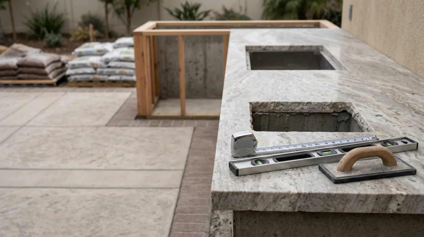 A completed outdoor kitchen installation in an Orange County backyard, featuring a hardscape countertop surface, built-in cooking area, and weather-resistant framing set against a residential patio. The finished space shows a clean, functional layout built for year-round outdoor use in Southern California.