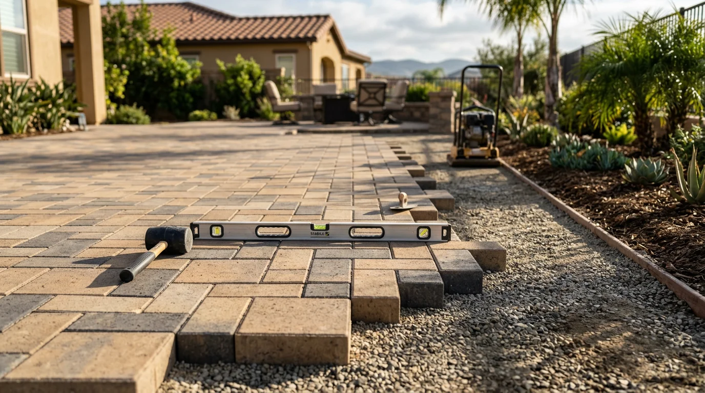 Newly installed interlocking pavers forming a wide driveway at an Orange County residential property, with clean joint lines and a smooth surface leading to a two-car garage. The surrounding landscaping reflects a Southern California outdoor living style with warm-toned hardscape materials under bright sunlight.