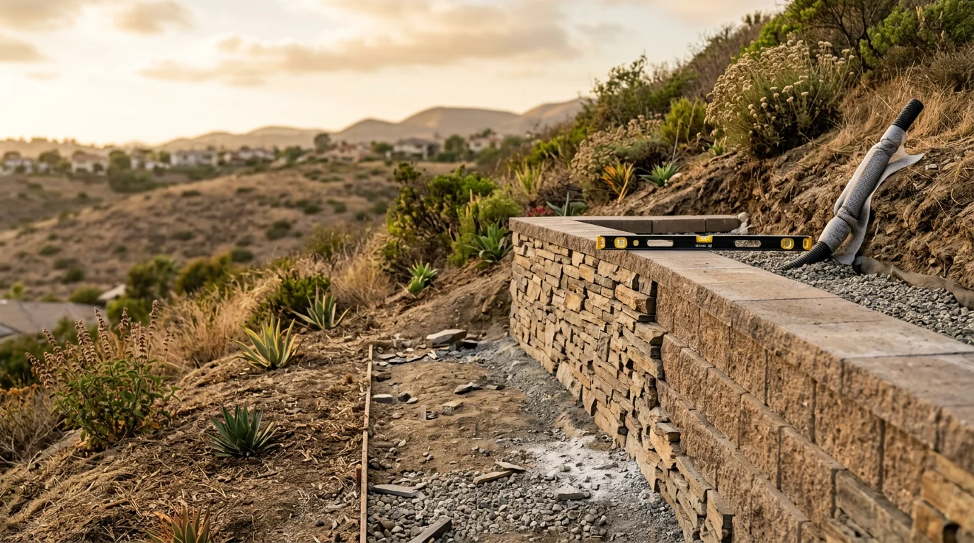 A newly constructed concrete block retaining wall on a sloped residential backyard in Orange County, California, with graded flat lawn space behind it. The wall shows clean horizontal courses with a visible drainage outlet at the base.