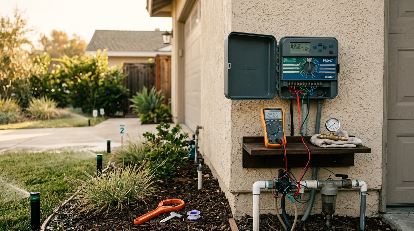 An irrigation contractor adjusting a sprinkler head in a residential lawn in Orange County, CA. The system is mid-cycle with multiple zones running across a green yard on a clear Southern California morning.