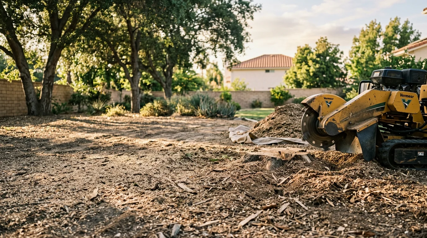 A freshly ground tree stump in an Orange County residential backyard, with wood chips spread across the leveled soil and a clean lawn surrounding the work area. A Williamslandscape crew member operates a stump grinder on a sunny Southern California afternoon.