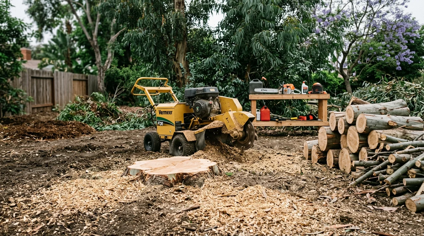 A large tree being sectioned and removed by a crew in a residential Orange County backyard, with a cleared lawn visible below. The stump remains at ground level awaiting grinding.
