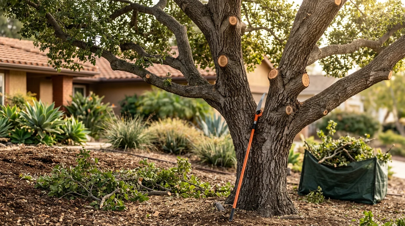 A Williamslandscape crew member trimming the upper canopy of a mature eucalyptus tree at an Orange County residential property. Freshly cut branches are visible on the ground beside a well-maintained suburban yard.